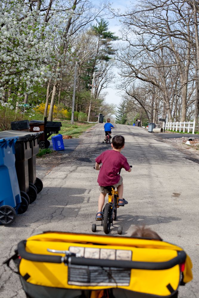 Riding bikes to the stream by our house