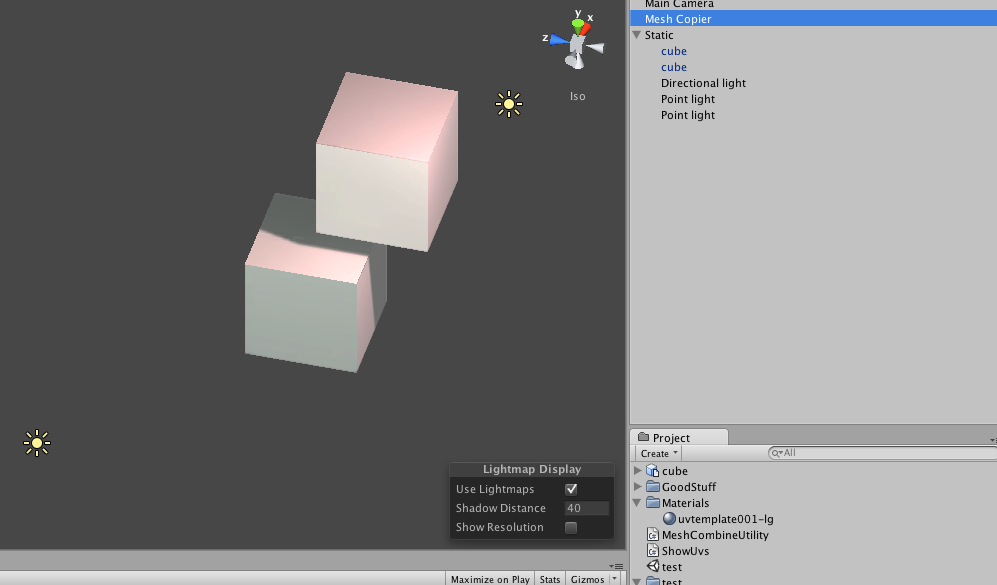 This image shows the 2 objects lightmapped, everything works great